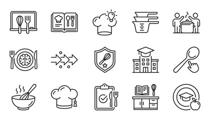 Collection of black line icons representing culinary education, cooking classes, and food preparation concepts like recipes, chef hats, utensils, and healthy eating for students