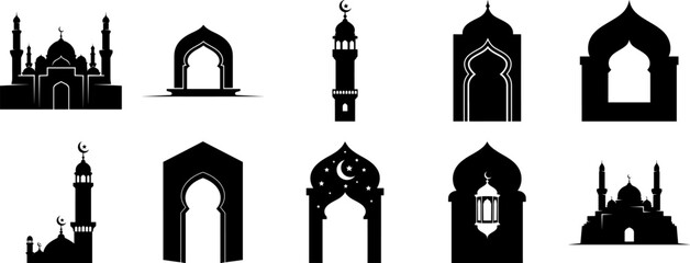 Islamic Mosque Architecture and Minaret Silhouette Set - Arabic Arch and Mehrab Vector Collection