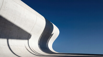 Abstract modern architecture featuring a curved white concrete wall against a deep blue sky. Minimalist urban design with fluid lines and strong geometric shadows.