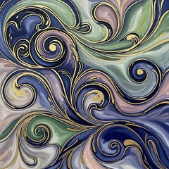 Ornate swirling patterns feature rich blue, pale green, and muted rose colors highlighted with shimmering gold accents