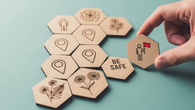 A hand places a hexagon tile with a person holding a red flag, emphasizing safety and direction