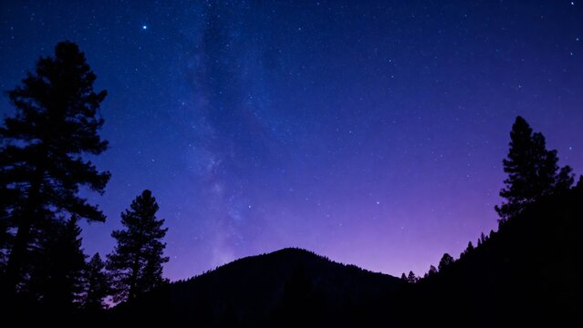 Night sky with stars and Milky Way over mountain silhouette and trees - Powered by Adobe