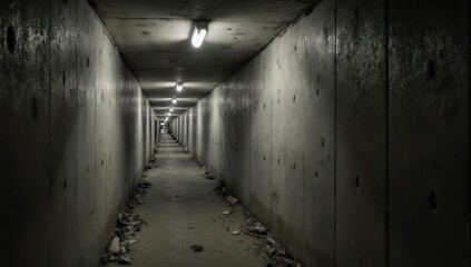 Dark, elongated concrete tunnel receding into the distance, lit by overhead lights