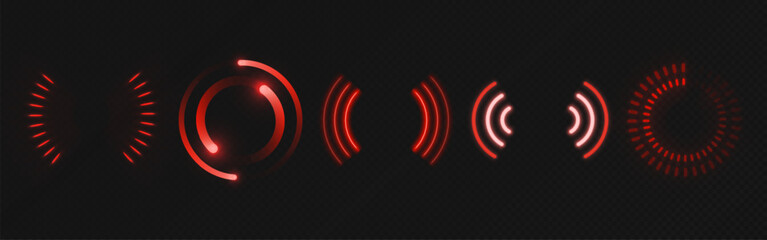 Radar wave icons set isolated on transparent background. Vector realistic illustration of red light rings, wifi connection symbol, sound spread circles, touch sensor technology sign, vibration energy © klyaksun