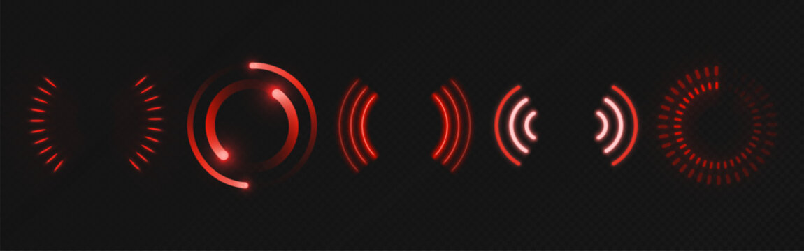 Radar wave icons set isolated on transparent background. Vector realistic illustration of red light rings, wifi connection symbol, sound spread circles, touch sensor technology sign, vibration energy