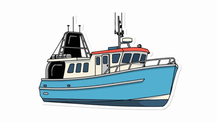 Naklejka premium A blue and white boat with a red roof and antennas on a white background