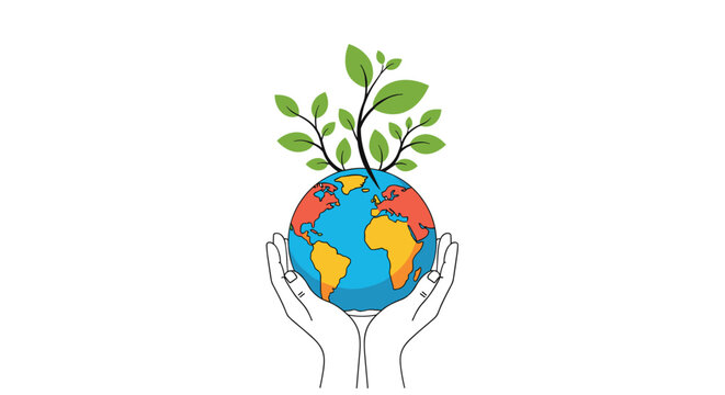 Human hand gently holds the planet earth which is surrounded by lush green trees representing environmental care. - Powered by Adobe
