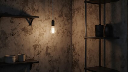 Interior shot of a dimly lit space with shelves and a hanging bulb
