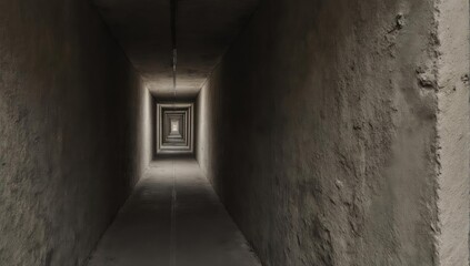 Interior shot of a long, receding rectangular tunnel with a square opening at the end