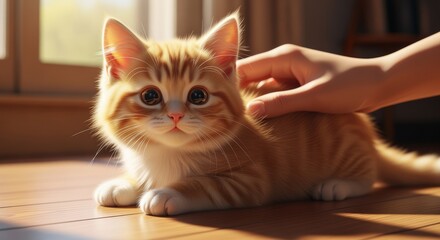Adorable ginger kitten being petted by a human hand, cozy indoor scene, warm sunlight