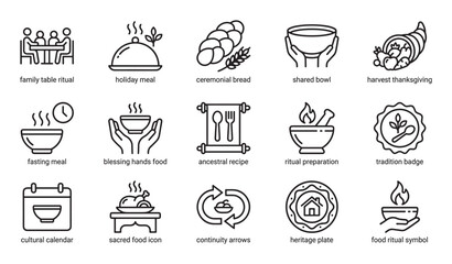 Set of black line icons representing food rituals, family traditions, and cultural heritage, including symbols for holiday meals, ceremonial bread, and ancestral recipes in a clean, minimalist style