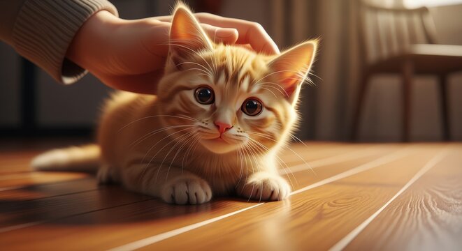 Adorable ginger kitten receiving a gentle head pat from a human hand on a wooden floor. - Powered by Adobe