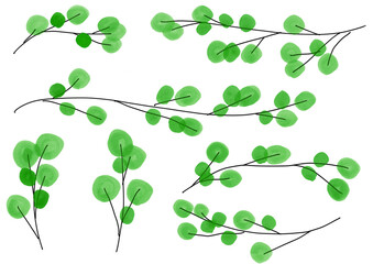 Watercolor spring branch elements for nature background　新緑の葉のついた枝のイラストセット