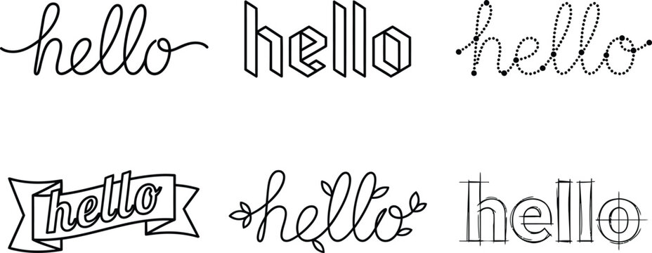 Different stylized hello text greetings in various fonts and designs on white background