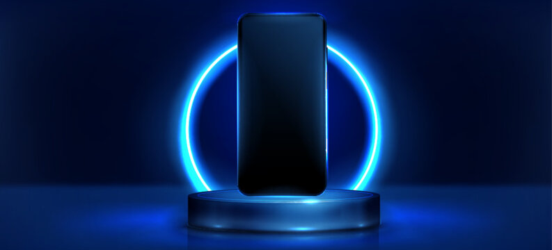 Tech podium with smartphone mockup and neon light ring on dark background. Vector realistic illustration of technology hub stage for product presentation, empty phone screen for app or website design