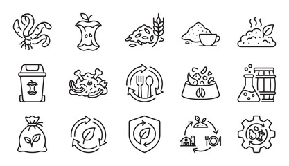 Fototapeta na wymiar Set of line art icons for food waste management, showing composting, organic recycling, sustainability, and circular economy symbols in a clean, minimalist vector illustration