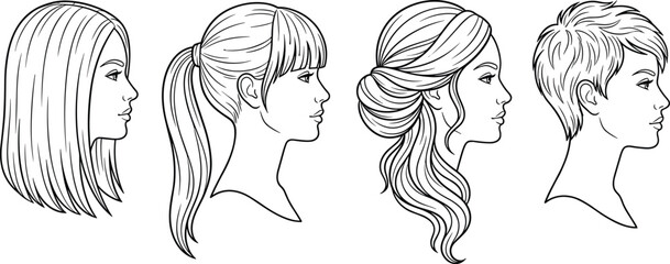 Female hairstyle side profile illustration showing different women haircuts with long hair, short hair and ponytail fashion beauty style © Ideasy Mind