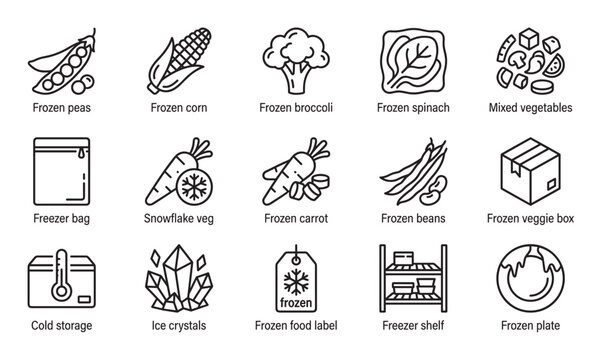 Frozen food and vegetable line icon set with preserved groceries like peas, corn, broccoli, and spinach, plus storage symbols for freezer bags, boxes, and cold temperature control