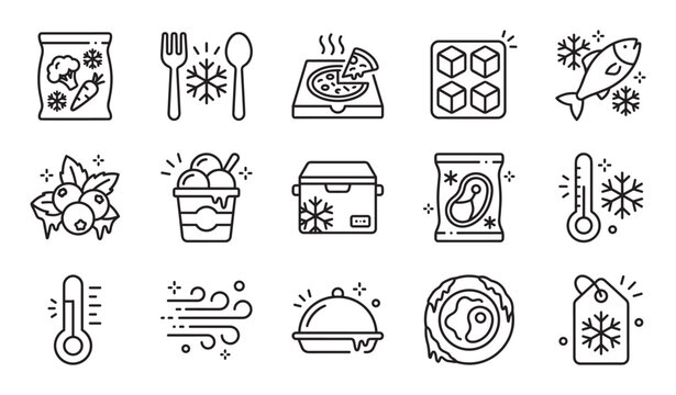 Set of black line art icons representing frozen food products like vegetables, pizza, fish, and meat, along with symbols for cold, refrigeration, and temperature