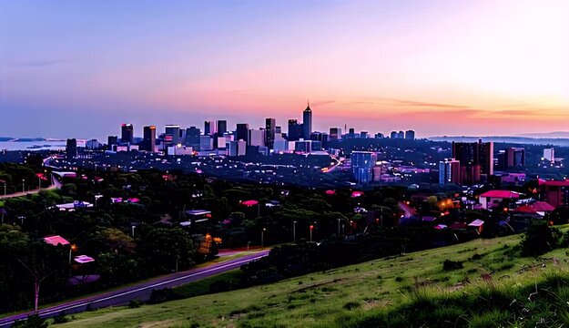 Durban Cityscape At Dusk With Distant Ocean Views And Rolling Hills In Foreground South Africa