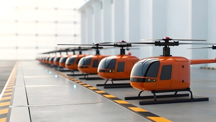 Row Of Small Autonomous Delivery Drones Lined Up On Docking Platforms, Showcasing Futuristic Logistics, Smart Transportation Innovation, And Advanced Drone Technology For Urban Delivery Solutions