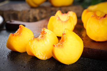 Fresh Yellow Peaches on Wooden Surface, Shandong Province