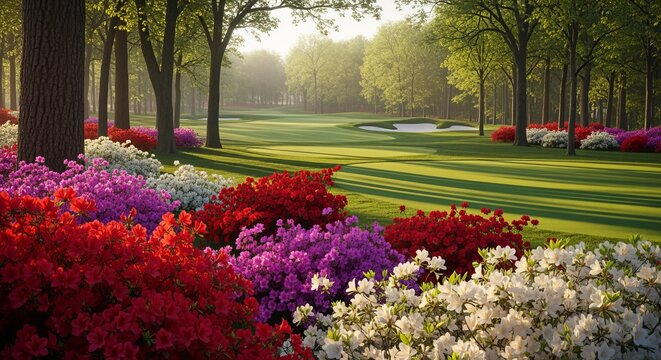 Beautiful Golf Course Fairway with Blooming Azaleas and Lush Green Trees