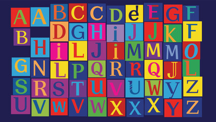 Colorful alphabet letters block pattern, educational uppercase and lowercase typography design, vibrant learning poster for kids, classroom and school decoration