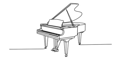 A minimalist and modern single continuous line art drawing of a grand piano © Badhon_Designer
