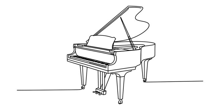 A minimalist and modern single continuous line art drawing of a grand piano