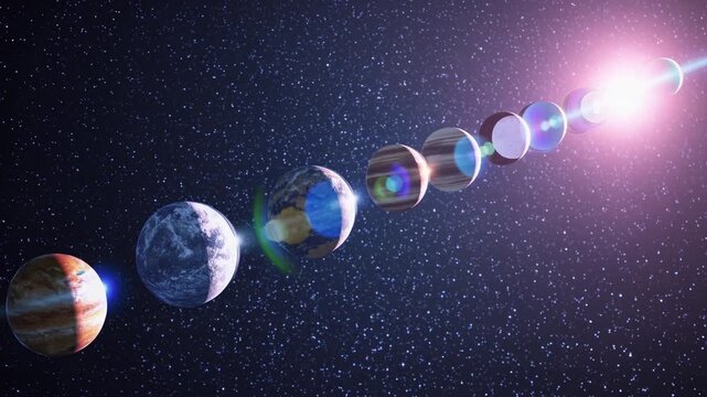 line of diverse planets stretches toward pink star with bright flare, probe maps exoplanet convoy and records ring variations, cinematic science mood with distant stellar backdrop