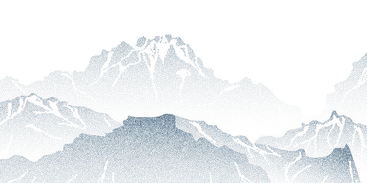Grain mountain background with blue dot texture on white. Vector illustration of mountain ridge landscape with high summits and snow peaks, color spray effect, halftone gradient design, point art