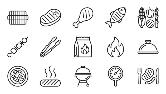 Barbecue and grilling line icon set featuring a grill, steak, chicken, fish, vegetables, kebab, tongs, charcoal, and other cooking equipment for a summer picnic or outdoor party