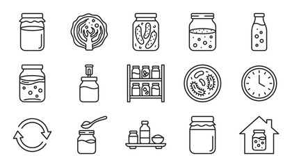 Fermented food and probiotic line icon set showing jars of pickles, cabbage, bacteria, and home canning symbols for gut health and preservation concepts in a minimalist style