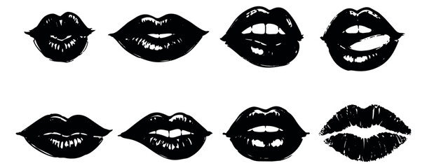 Hand drawn grunge line art lips set featuring various expressive shapes and textures for beauty, fashion, and pop art designs