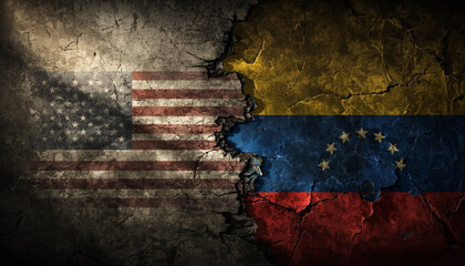A torn and cracked flag of the United States and Venezuela side by side