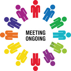 Colorful people circle showing meeting ongoing sign, teamwork collaboration business conference communication and corporate group discussion concept for office notice illustration