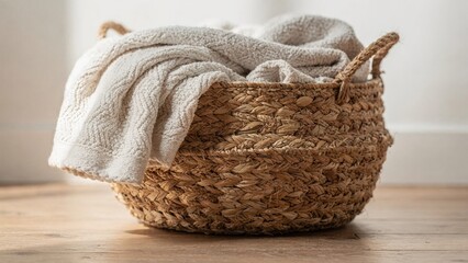 Woven Storage Basket with Soft Textiles in Minimalist Interior Architecture, Soft Light, Generative AI