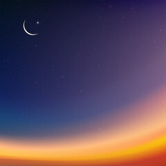 Night sky ramadan background,islamic mubarak card with crescent moon,star on summer sky in blue,purple,orange.Horizon nature landscape sunset for eid mubarak,muharram,Eid al Adha,Eid al Fitr