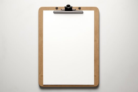 Wooden clipboard holding a blank white sheet of paper on a light gray background