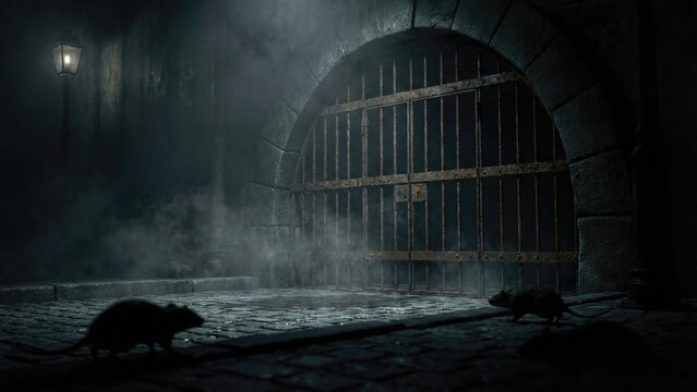 Cobblestone alley with rusty grate, ancient arch, and old gas lamp in dark victorian london atmosphere, featuring two rats.