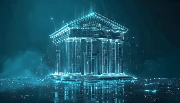 Digital Ancient Greek Temple Structure Glows With Neon Blue Light Futuristic Technology Concept On Dark Background