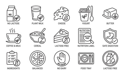 Lactose free and dairy free food icons set in a simple black line art style, including symbols for plant milk, safe digestion, nutrition labels, and allergen free products