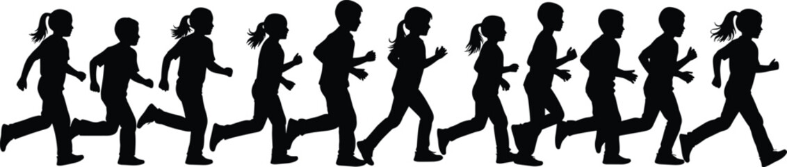 Silhouette illustration of a group of children running together, active kids jogging in motion, healthy outdoor exercise and teamwork concept