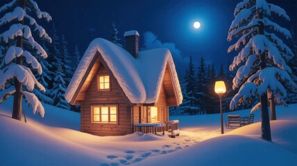 Cozy Winter Cabin Illustration with Snowy Landscape and Moonlit Night Sky Scene