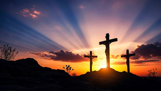 Good Friday crucifixion silhouette of three crosses on a hill at sunset with dramatic sun rays - Powered by Adobe