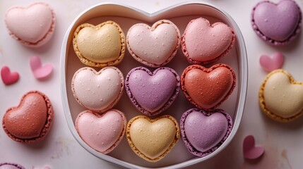 Fototapeta premium Macarons in heart shape in gift box isolated on pink background,events,aniversary festival gift set,french macaron cookies,trendy 2026,couple valentine Romantic love or pastry shop.