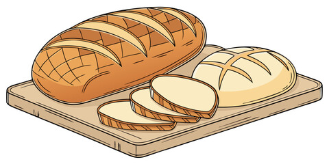 Illustration of freshly baked loaves of artisanal bread including a large baguette style loaf and a round cob loaf resting on a wooden cutting board surface.