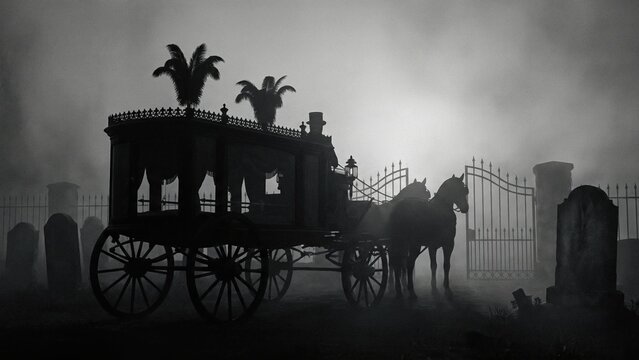 Horse-drawn hearse in a spooky graveyard at night. Victorian Gothic funeral procession scene for horror stories and Halloween.