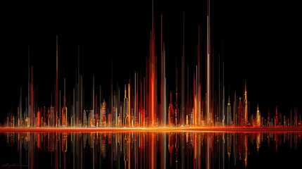 Abstract cityscape ablaze, reflecting in water, against black background, ideal for posters